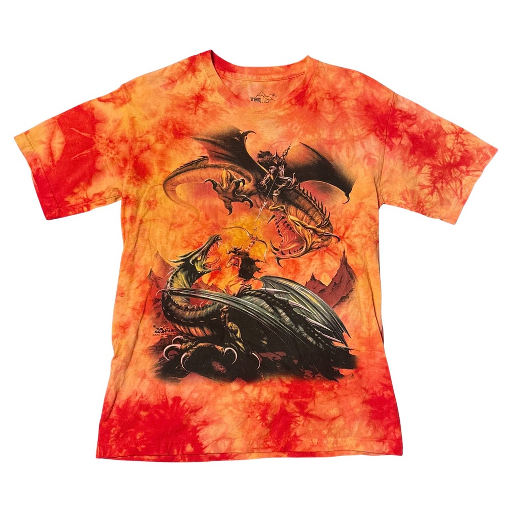 The Mountain Dragon Battle Tie Dye T-Shirt XL Orange Red Mark J Lord 2007 Vtg
